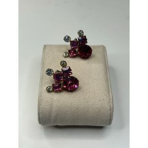 Vintage Pink and Clear Rhinestone Silver Tone Clip On Earrings